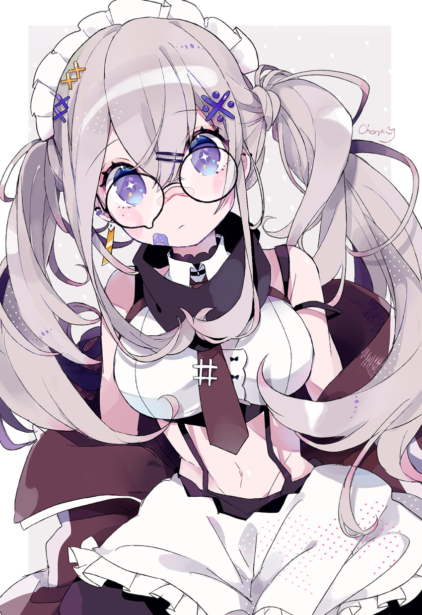 +_+ 1girl apron bandaid bandaid_on_nose bare_shoulders black-framed_eyewear black_skirt breasts brown_jacket brown_neckwear chon_(chon33v) closed_mouth collared_shirt crop_top ear_piercing earrings glasses grey_hair hair_ornament highres jacket jewelry large_breasts long_hair looking_at_viewer maid maid_apron maid_headdress midriff mole mole_under_eye navel necktie off_shoulder open_clothes open_jacket original piercing round_eyewear shirt signature skirt sleeveless sleeveless_shirt solo sparkling_eyes stomach suspenders symbol-shaped_pupils twintails upper_body violet_eyes waist_apron white_shirt x_hair_ornament