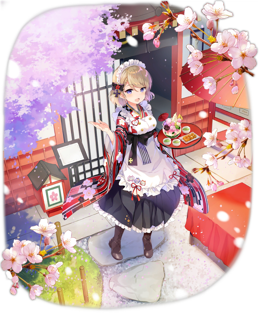 1girl :d apron azur_lane blonde_hair blurry boots breasts cherry_blossoms flower food frilled_apron frills full_body highres holding japanese_clothes kimono long_sleeves looking_at_viewer maid maid_apron maid_headdress medium_breasts official_art open_mouth oriental_umbrella pavement pink_flower pitcher sakura_koharu short_hair smile solo standing table transparent_background tray umbrella violet_eyes wa_maid wide_sleeves z23_(azur_lane)