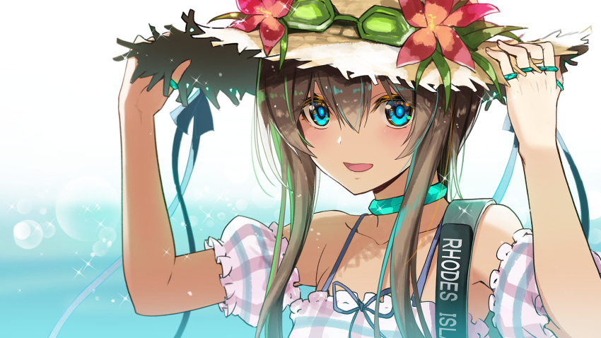 1girl :d amiya_(arknights) arknights arms_up bangs bare_shoulders blue_choker blue_eyes blue_ribbon blurry blurry_background blush brown_eyes brown_headwear choker collarbone denken depth_of_field detached_sleeves flower frilled_sleeves frills hair_between_eyes hat hat_flower highres lens_flare looking_at_viewer open_mouth plaid puffy_short_sleeves puffy_sleeves red_flower ribbon short_sleeves sidelocks smile solo sparkle straw_hat upper_body