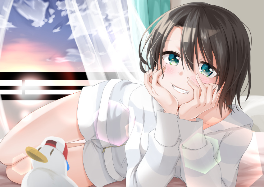 1girl aqua_eyes arm_support bangs blush brown_hair commentary_request curtains grin hand_on_own_chin highres hinata_kokage hololive indoors long_sleeves looking_at_viewer lounging lying morning on_side oozora_subaru pajamas short_hair short_shorts shorts smile solo swept_bangs teeth virtual_youtuber white_shorts window