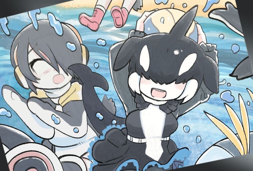 6+girls :d ball beach beachball bird_tail black_hair blank_eyes blowhole chibi covered_eyes day dolphin_tail dorsal_fin dress emperor_penguin_(kemono_friends) eyebrows_visible_through_hair facing_another facing_viewer frills furrowed_eyebrows gentoo_penguin_(kemono_friends) gunzan hair_over_eyes hair_over_one_eye head_fins headphones highres hood hood_down hoodie humboldt_penguin_(kemono_friends) kemono_friends long_sleeves medium_hair multicolored_hair multiple_girls open_mouth orange_hair orca_(kemono_friends) outdoors partially_submerged penguin_tail penguins_performance_project_(kemono_friends) photo_(object) redhead rockhopper_penguin_(kemono_friends) royal_penguin_(kemono_friends) sand shoes smile splashing streaked_hair surprised tail water white_hair