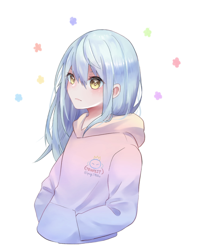 1girl alternate_costume bangs blue_hair character_name closed_mouth frown hair_between_eyes hands_in_pocket highres hood hood_down hooded_sweater long_hair rimuru_tempest shiny shiny_hair simple_background solo spring_tm00oo straight_hair sweater tensei_shitara_slime_datta_ken twitter_username upper_body very_long_hair white_background white_sweater yellow_eyes