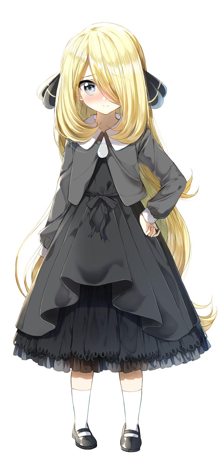1girl absurdres black_dress black_eyes black_footwear blonde_hair blush commentary_request dress eyebrows_visible_through_hair full_body hair_ornament hair_over_one_eye hand_on_hip highres long_hair long_sleeves looking_at_viewer partial_commentary pentagon_(railgun_ky1206) pokemon pokemon_(game) pokemon_dppt shirona_(pokemon) shoes simple_background socks solo very_long_hair white_background white_legwear younger