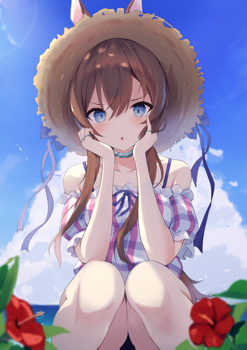 1girl absurdres amiya_(arknights) animal_ears arknights bare_shoulders blue_choker blue_eyes blue_sky blush bra_strap brown_hair brown_headwear choker clouds collarbone day ears_through_headwear flower frilled_sleeves frills hands_on_own_cheeks hands_on_own_face hat hibiscus highres jewelry long_hair looking_at_viewer mizu_(lzzrwi603) off-shoulder_shirt off_shoulder outdoors parted_lips plaid plaid_shirt ponytail rabbit_ears red_flower ring shirt short_sleeves sky solo squatting straw_hat sunlight v-shaped_eyebrows v_arms very_long_hair
