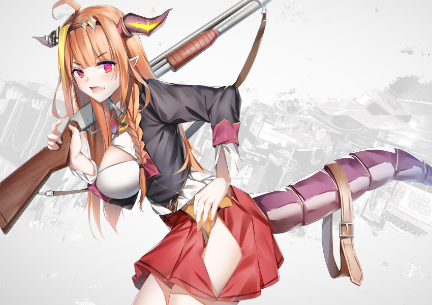 1girl :d absurdres ahoge blush breasts from_side gun hair_ornament hairband highres holding holding_gun holding_weapon hololive horns kiryuu_coco large_breasts long_hair looking_at_viewer lubikaya1 open_mouth orange_hair over_shoulder pointy_ears red_skirt shotgun simple_background skirt smile solo tail violet_eyes virtual_youtuber weapon weapon_over_shoulder