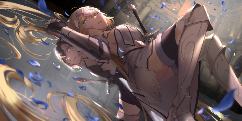 1girl absurdres armor armored_boots armored_dress black_dress black_legwear blonde_hair blue_eyes blurry_foreground boots breasts chain dress dual_persona fate/grand_order fate_(series) faulds fur-trimmed_legwear fur_trim gauntlets highres huge_filesize indoors jeanne_d'arc_(alter)_(fate) jeanne_d'arc_(fate) jeanne_d'arc_(fate)_(all) long_hair lying medium_breasts oekaki_taro on_back open_mouth petals reflection short_hair sideboob silver_hair sleeveless sleeveless_dress sword thigh-highs thigh_boots very_long_hair weapon white_dress white_footwear yellow_eyes