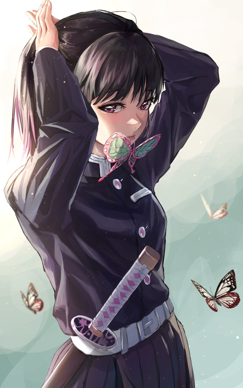 1girl absurdres bangs belt belt_buckle black_hair black_jacket black_skirt buckle bug butterfly eyebrows_visible_through_hair gradient_hair highres insect jacket kimetsu_no_yaiba long_hair long_sleeves looking_at_viewer military military_jacket military_uniform monge_baby mouth_hold multicolored_hair pink_hair pleated_skirt sheath sheathed shiny shiny_hair skirt solo standing sword tsuyuri_kanao tying_hair uniform violet_eyes weapon white_belt