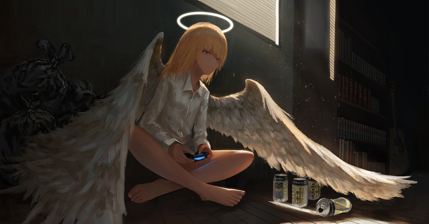 1girl angel angel_wings bare_legs barefoot blonde_hair can controller dust_particles feathered_wings game_controller guitar halo indian_style indoors instrument kagumanikusu long_hair original shirt sitting solo trash_bag window wings