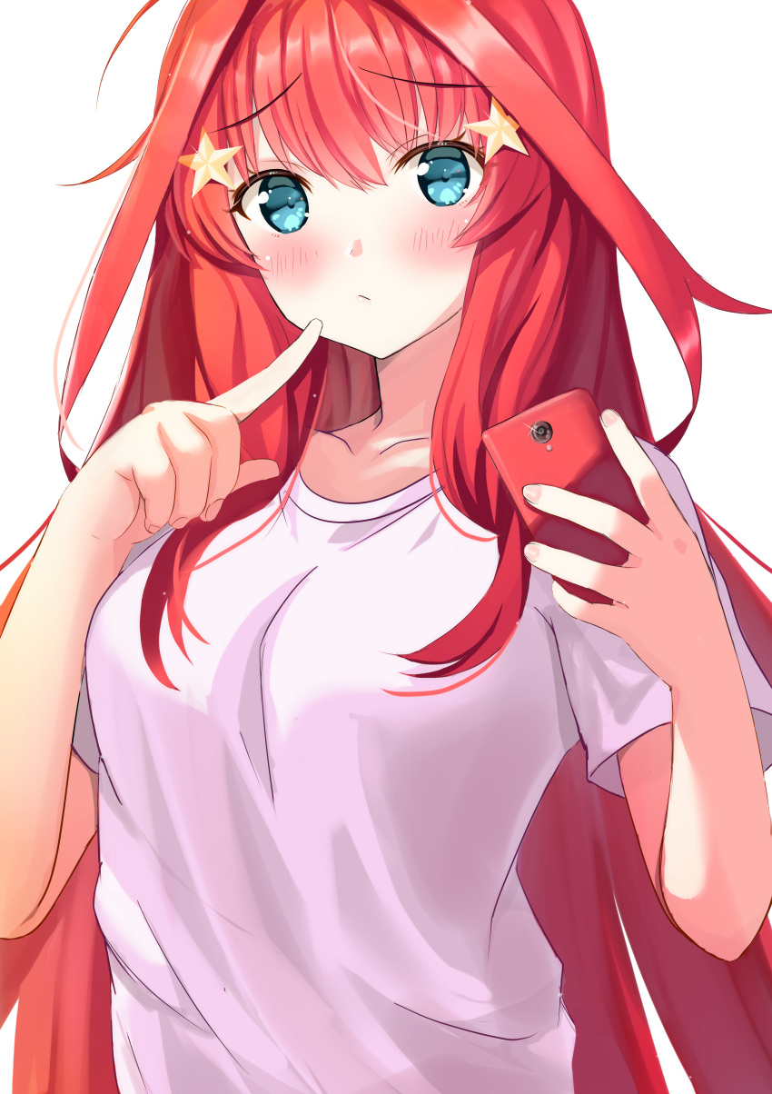 1girl absurdres blue_eyes blush breasts cellphone go-toubun_no_hanayome hair_ornament hands_up highres holding holding_phone index_finger_raised long_hair looking_at_viewer medium_breasts nakano_itsuki phone redhead rei_(ilust9999) shirt short_sleeves simple_background solo star star_hair_ornament t-shirt white_background white_shirt