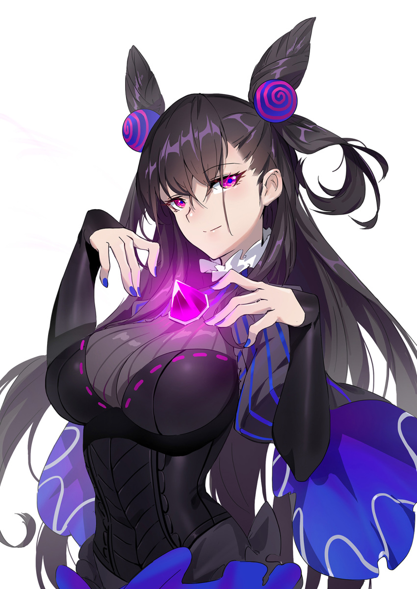 1girl amethyst_(gemstone) bangs black_dress blush breasts closed_mouth double_bun dress fate/grand_order fate_(series) gem hair_between_eyes hair_ornament hands_up highres huang_(volt0526) juliet_sleeves large_breasts long_hair long_sleeves looking_at_viewer murasaki_shikibu_(fate) puff_and_slash_sleeves puffy_sleeves simple_background sleeves_past_wrists smile two_side_up very_long_hair violet_eyes white_background wide_sleeves