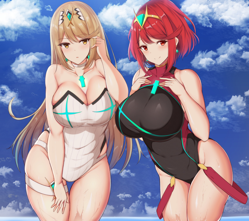 2girls bangs blonde_hair breasts chest_jewel choker cleavage_cutout clouds cloudy_sky eyebrows_visible_through_hair gem hand_on_own_chest headpiece highleg highleg_swimsuit highres mythra_(xenoblade) pyra_(xenoblade) large_breasts looking_at_viewer medium_hair multiple_girls noeomi one-piece_swimsuit red_eyes redhead shoulder_armor sky swept_bangs swimsuit thigh_strap tiara white_choker xenoblade_(series) xenoblade_2 yellow_eyes