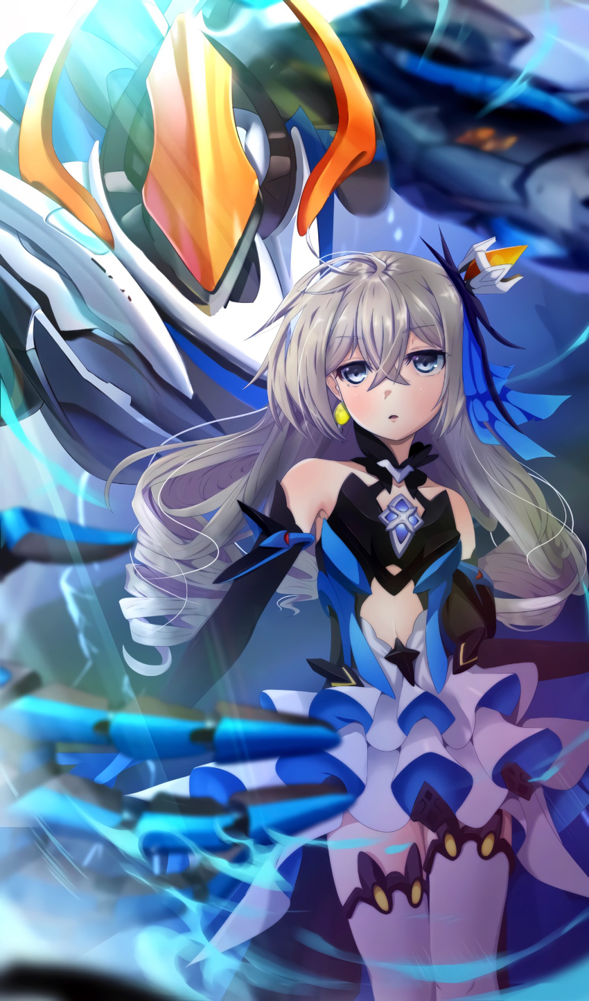 1girl absurdres bangs breasts bronya_zaychik bronya_zaychik_(herrscher_of_reason) center_opening commentary crossed_bangs drawdream1025 dress drill_hair earrings elbow_gloves eyebrows_visible_through_hair gloves grey_eyes grey_hair hair_ornament highres honkai_(series) honkai_impact_3rd jewelry layered_dress long_hair looking_at_viewer mecha navel open_mouth parted_lips project_bunny quad_drills solo standing