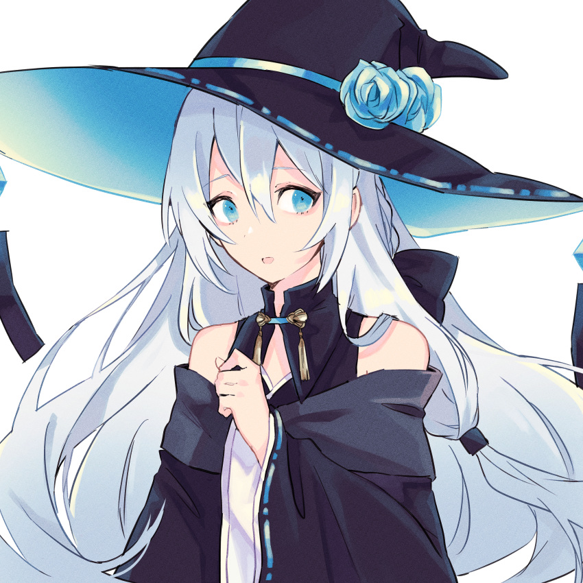 1girl :o absurdres bare_shoulders black_bow blue_eyes bow braid clenched_hand detached_collar gem hair_bow hat highres huge_filesize long_hair long_sleeves looking_at_viewer minamo_614 off-shoulder_coat ribbon-trimmed_headwear ribbon-trimmed_sleeves ribbon_trim shiki_no_akari simple_background solo talisman tomoshibi_no_majo upper_body very_long_hair white_background white_hair wide_sleeves witch_hat