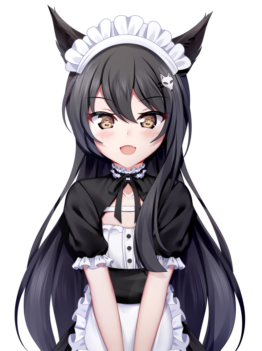 1girl :d absurdres animal_ears apron bangs black_dress black_hair black_ribbon blush brown_eyes chrisandita collarbone commentary dress eyebrows_visible_through_hair fang fox_ears fox_hair_ornament frilled_apron frills hair_between_eyes hair_ornament hairclip highres long_hair looking_at_viewer maid maid_headdress neck_ribbon open_mouth original puffy_short_sleeves puffy_sleeves ribbon short_sleeves simple_background smile solo v_arms very_long_hair waist_apron white_apron white_background