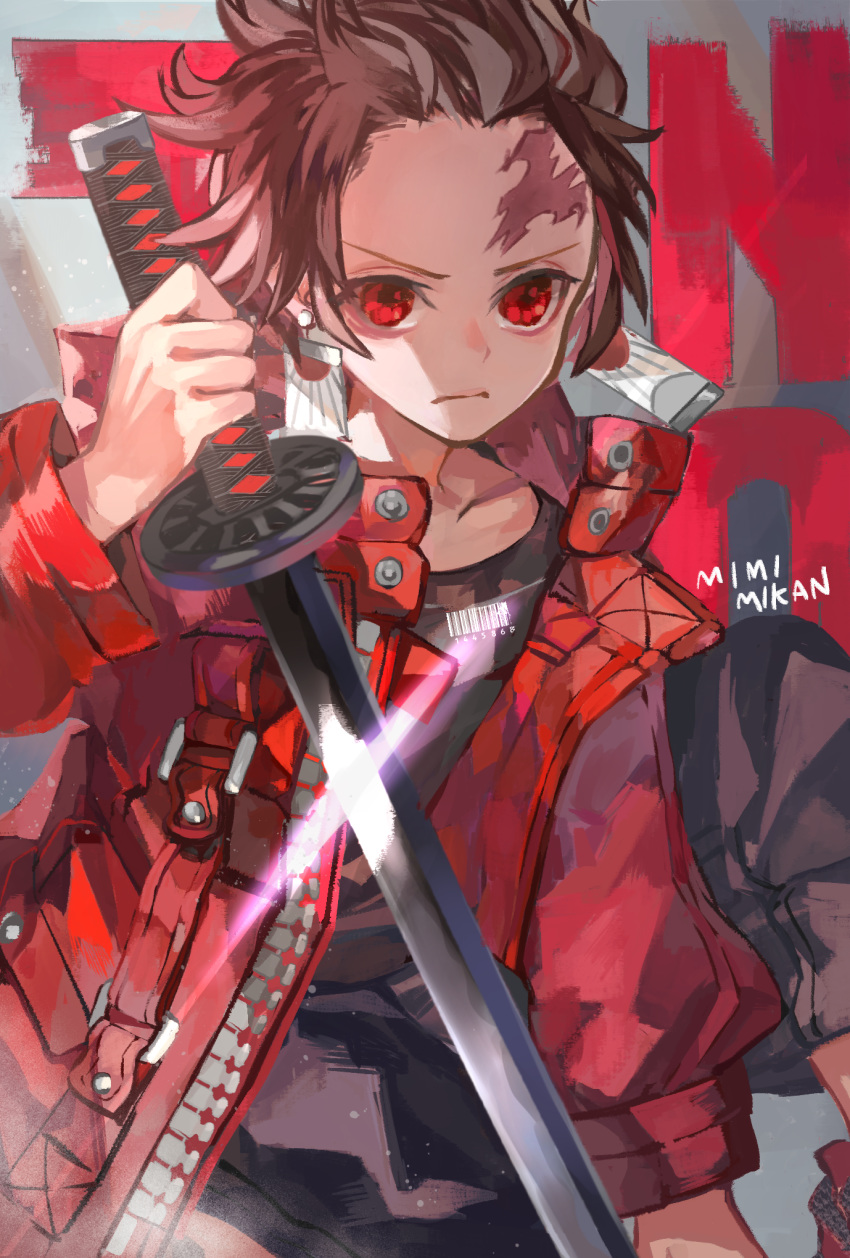 1boy alternate_costume brown_hair contemporary earrings facial_scar forehead_scar highres holding holding_sword holding_weapon jacket jewelry kamado_tanjirou katana kimetsu_no_yaiba leather leather_jacket long_sleeves male_focus mimimikan red_eyes red_jacket scar shirt solo sword weapon