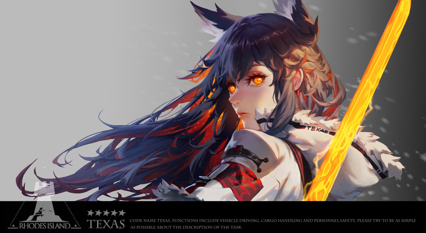 1girl animal_ears arknights black_hair closed_mouth clothing_request commentary_request glowing glowing_eyes glowing_hair hood hoodie long_hair looking_at_viewer simple_background solo tagme texas_(arknights) train_hb weapon_request