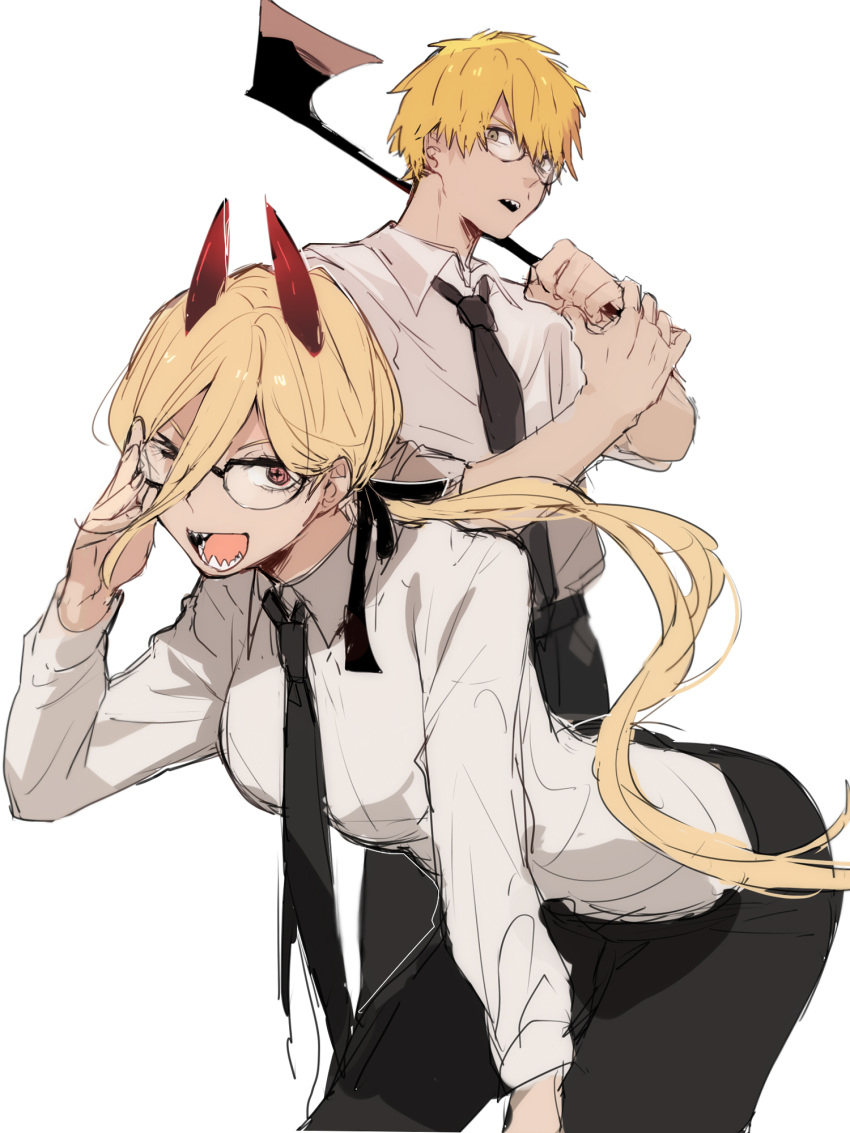 1boy 1girl ariga_ten10 axe black_neckwear black_pants black_ribbon blonde_hair business_suit chainsaw_man collared_shirt demon_girl demon_horns denji_(chainsaw_man) eyewear_on_head fangs formal glasses hair_between_eyes highres holding holding_weapon horns leaning_forward long_hair long_sleeves looking_to_the_side medium_hair necktie one_eye_closed open_mouth pants ponytail power_(chainsaw_man) red_eyes red_horns ribbon sharp_teeth shirt short_hair simple_background sleeves_rolled_up suit teeth weapon white_background white_shirt