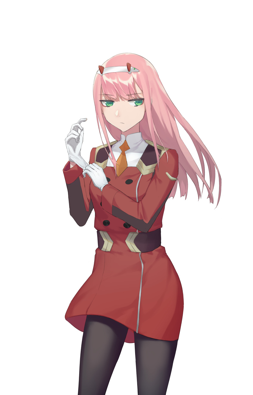 1girl absurdres adjusting_clothes adjusting_gloves bangs black_legwear closed_mouth darling_in_the_franxx dress eyes floating_hair gloves green_eyes hairband highres horns ifnotdream long_hair long_sleeves necktie orange_neckwear pantyhose pink_hair red_dress shiny shiny_hair short_dress short_necktie simple_background solo standing straight_hair uniform white_background white_gloves white_hairband zero_two_(darling_in_the_franxx)