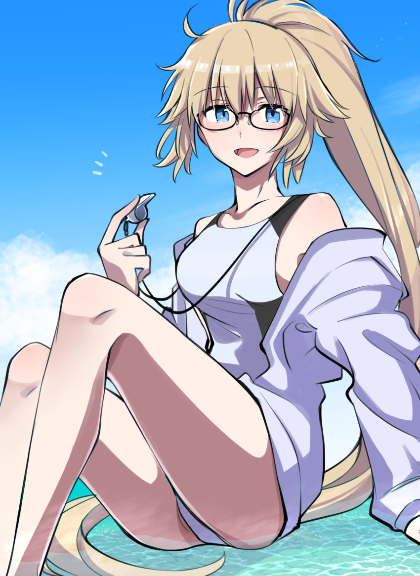 1girl blonde_hair blue_eyes blush breasts collarbone commentary_request competition_swimsuit day eyebrows_visible_through_hair fate/grand_order fate_(series) glasses hair_between_eyes highleg highleg_swimsuit highres holding holding_whistle jacket jacket_over_swimsuit jeanne_d'arc_(fate)_(all) jeanne_d'arc_(swimsuit_archer) jewelry long_hair looking_at_viewer medium_breasts necklace one-piece_swimsuit open_clothes open_jacket open_mouth ponytail sitting smile solo swimsuit very_long_hair water whistle whistle_around_neck white_jacket white_swimsuit yuuma_(u-ma)