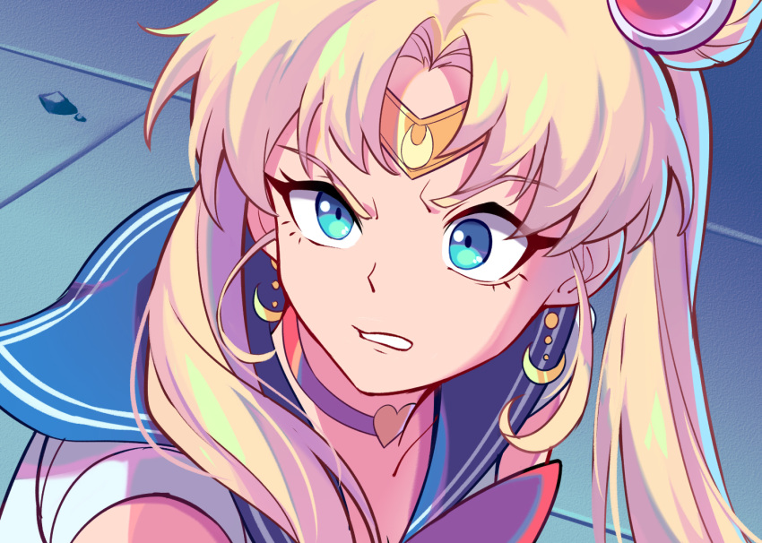 1girl bangs bishoujo_senshi_sailor_moon blonde_hair blue_eyes blue_sailor_collar bow bxmm_(pztf4273) choker circlet crescent crescent_earrings derivative_work diadem double_bun earrings hair_ornament heart heart_choker jewelry long_hair parted_bangs raised_eyebrow red_bow red_choker rubble sailor_collar sailor_moon sailor_moon_redraw_challenge sailor_senshi sailor_senshi_uniform scowl screencap_redraw solo tsukino_usagi twintails upper_body