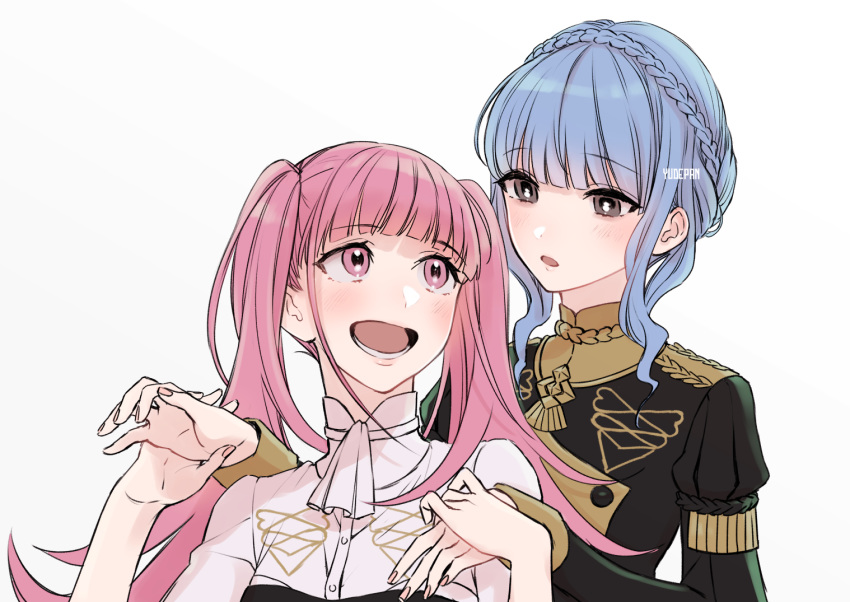 2girls artist_name blue_hair braid brown_eyes crown_braid fire_emblem fire_emblem:_three_houses garreg_mach_monastery_uniform hilda_valentine_goneril holding_hands long_hair long_sleeves marianne_von_edmund multiple_girls open_mouth pink_eyes pink_hair simple_background twintails uniform upper_body white_background yudepan_(yuri_no_sugata)