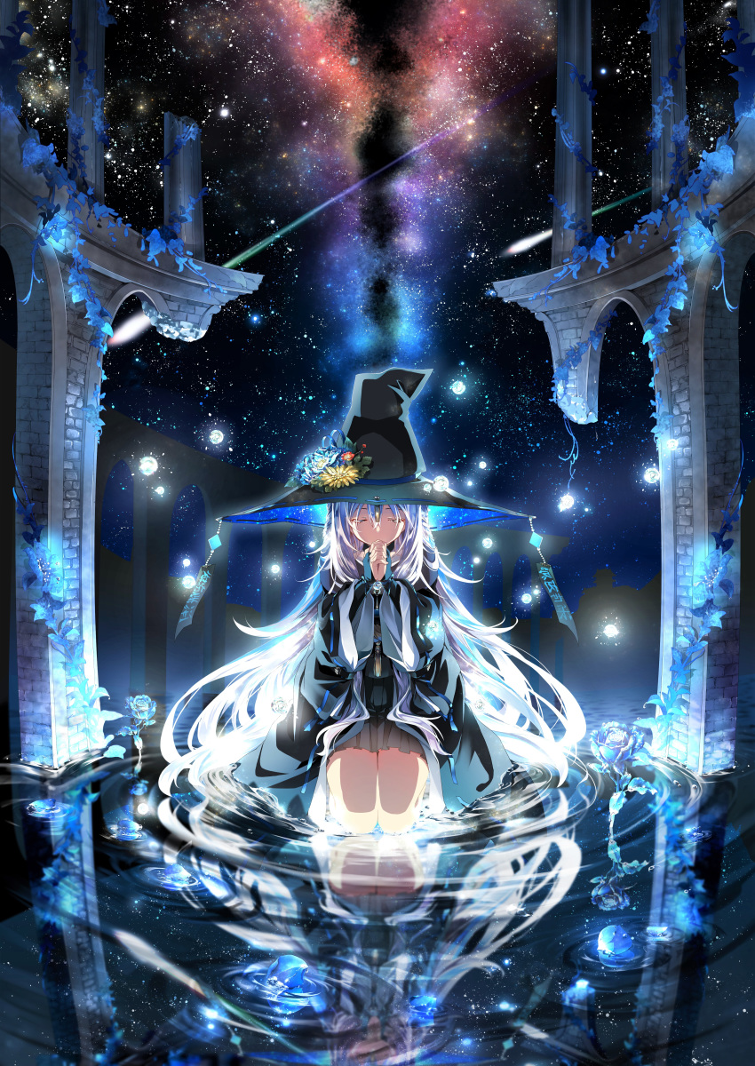 absurdres arch bangs black_coat black_gloves black_skirt blue_flower blue_rose braid bridal_gauntlets closed_eyes coat comet commentary crossed_bangs flower galaxy glass gloves glowing glowing_hair hair_between_eyes hands_together hat hat_flower headwear highres kneeling long_hair long_sleeves mito_w night night_sky overgrown pillar pleated_skirt praying reflection ribbon-trimmed_sleeves ribbon_trim ripples rope rose ruins shiki_no_akari silver_hair skirt sky space star_(sky) starry_sky talisman tomoshibi_no_majo very_long_hair water water_drop wide_sleeves witch witch_hat yellow_flower