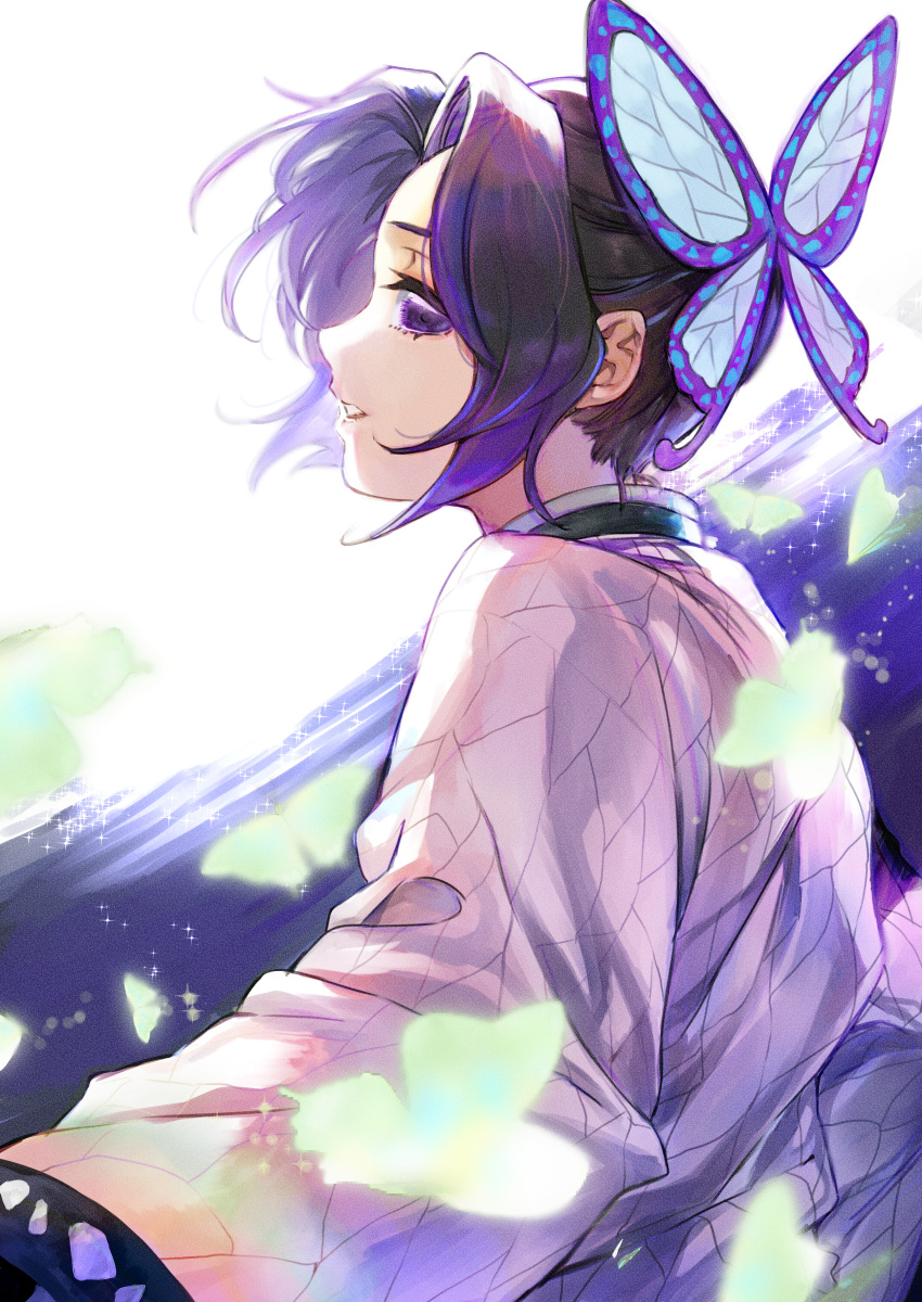 1girl absurdres aki_(mare_desiderii) black_hair bug butterfly butterfly_hair_ornament from_side gradient_hair hair_intakes hair_ornament haori highres insect japanese_clothes kimetsu_no_yaiba kochou_shinobu long_sleeves multicolored_hair profile purple_hair short_hair solo upper_body violet_eyes white_background