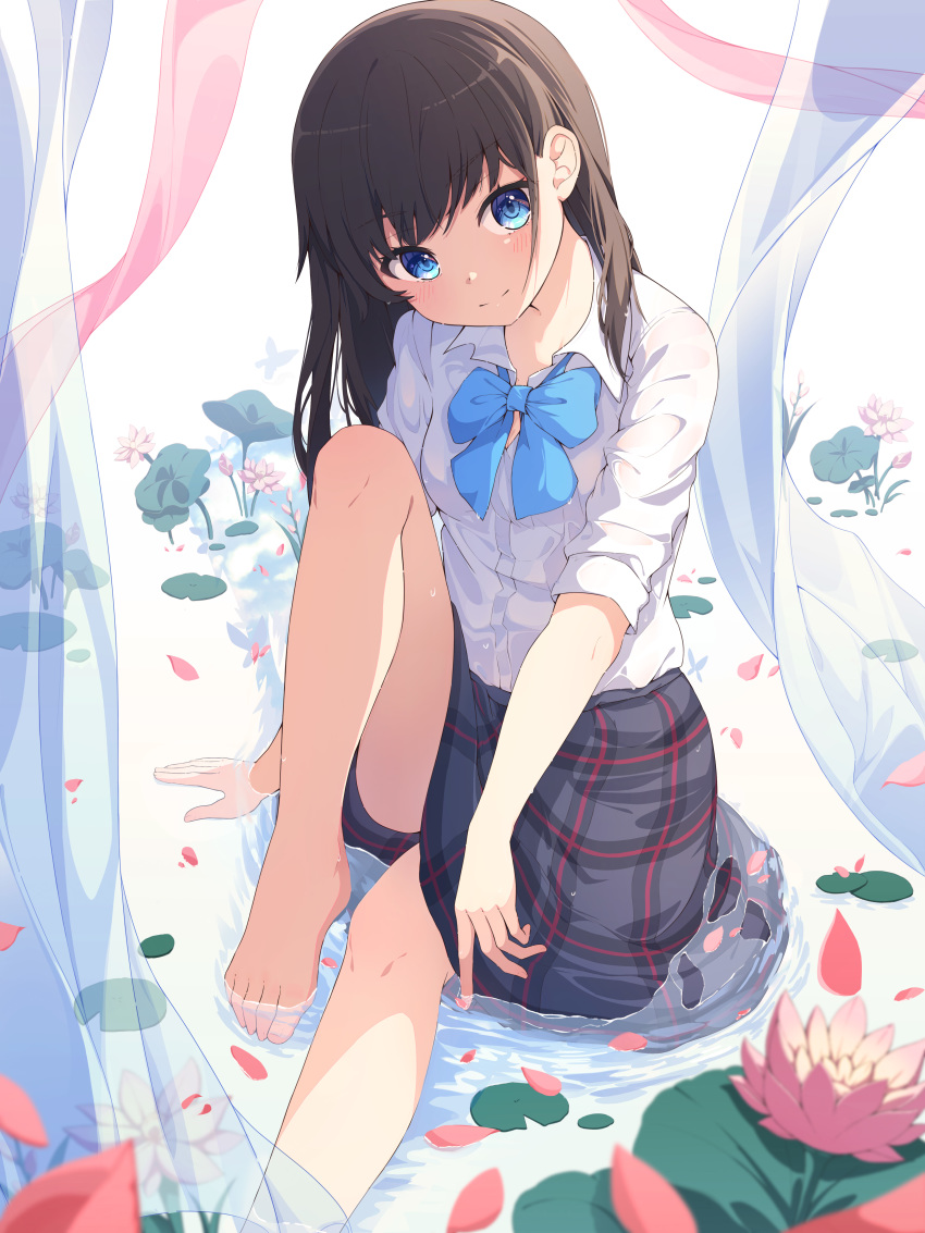 1girl absurdres bare_legs barefoot blue_eyes blush brown_hair feet flower highres keis_(locrian1357) long_hair looking_at_viewer lotus original petals school_uniform smile water_surface