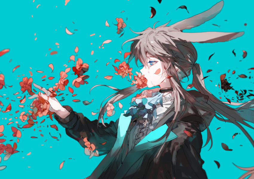1girl amiya_(arknights) animal_ears arknights arm_up bangs black_jacket blue_background blue_eyes blue_neckwear brown_hair commentary_request crying floating_hair flower flower_in_mouth from_side hair_between_eyes highres jacket jewelry long_hair long_sleeves looking_down min_(120716) neckwear open_clothes open_jacket petals rabbit_ears red_flower ring sidelocks simple_background solo tears thumb_ring upper_body