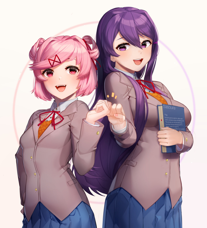 2girls :d artist_name bangs blue_sky book breasts commentary doki_doki_literature_club english_commentary fangs fist_bump grey_jacket hair_between_eyes hair_ornament hair_ribbon hairclip hand_on_hip highres holding holding_book jacket large_breasts long_hair long_sleeves multiple_girls natsuki_(doki_doki_literature_club) neck_ribbon open_mouth pink_eyes pink_hair pleated_skirt purple_hair red_ribbon ribbon sasoura school_uniform shirt short_hair simple_background skirt sky small_breasts smile swept_bangs two_side_up very_long_hair violet_eyes white_shirt wing_collar yuri_(doki_doki_literature_club)