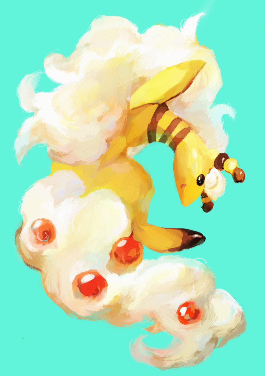 absurdres ampharos aomidori_iro black_eyes blue_background commentary_request creature full_body gen_2_pokemon highres jumping looking_at_viewer mega_ampharos mega_pokemon no_humans pokemon pokemon_(creature) simple_background solo