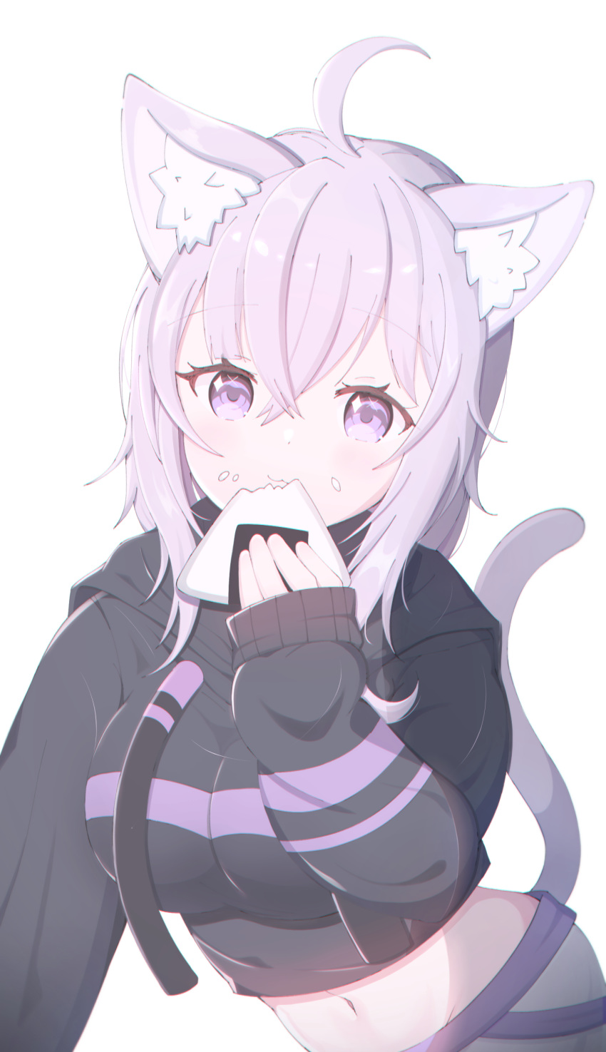 1girl :3 absurdres ahoge animal_ear_fluff animal_ears bangs black_hoodie blush breasts cat_ears cat_girl cat_tail closed_mouth commentary_request drawstring eyebrows_visible_through_hair food food_on_face hair_between_eyes highres holding holding_food hololive hood hood_down hoodie long_hair long_sleeves looking_at_viewer medium_breasts midriff navel nekomata_okayu onigiri pants purple_hair rice rice_on_face simple_background sleeves_past_wrists smile solo starfox1015 tail tail_raised violet_eyes virtual_youtuber white_background white_pants