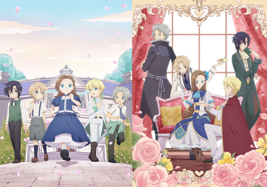 2girls 6+boys alan_stuart boots brother_and_sister brothers cape cravat geordo_stuart katarina_claes keith_claes kneeling mansion multiple_boys multiple_girls necktie nicol_ascart official_art otome_game_no_hametsu_flag_shika_nai_akuyaku_reijou_ni_tensei_shite_shimatta scar shoes siblings younger