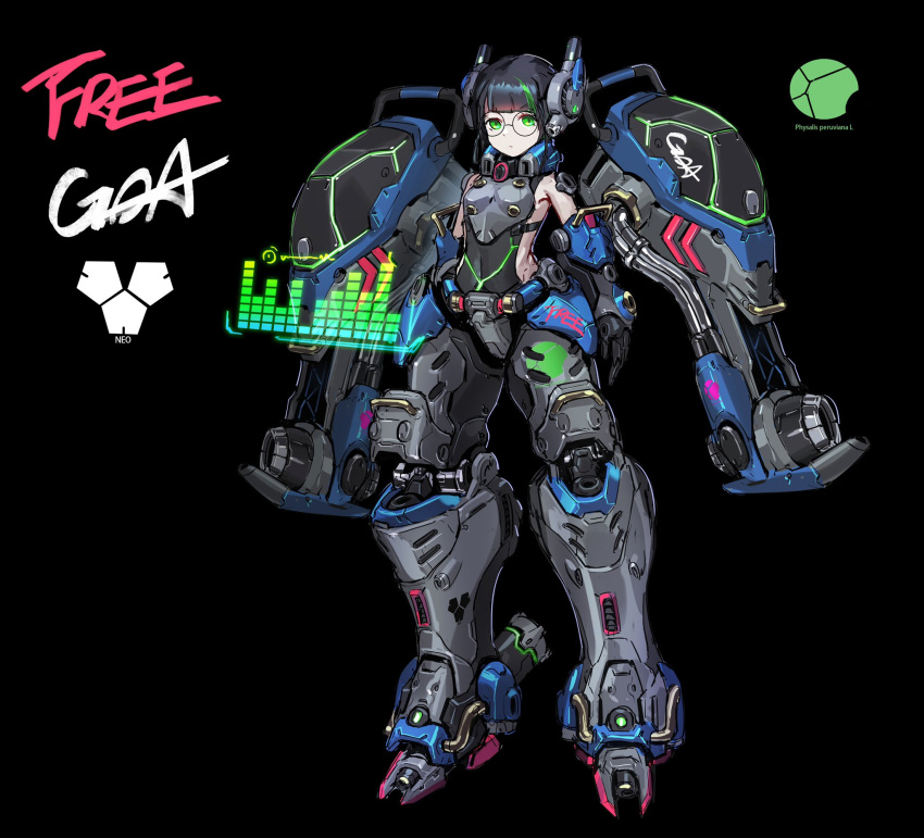 1girl armor arms_at_sides black_background black_hair donxxxs expressionless full_body glasses green_eyes green_hair headgear highres looking_at_viewer mecha_musume multicolored_hair original solo streaked_hair