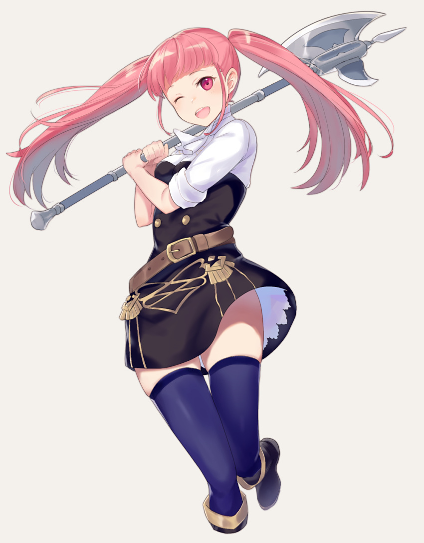 1girl axe belt blue_legwear fire_emblem fire_emblem:_three_houses garreg_mach_monastery_uniform grey_background haru_(nakajou-28) highres hilda_valentine_goneril holding holding_axe long_hair one_eye_closed open_mouth pink_eyes pink_hair simple_background solo thigh-highs twintails uniform