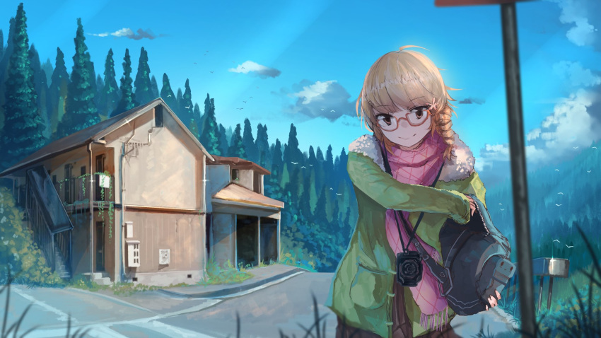 1girl anonamos blonde_hair blue_sky camera clouds cowboy_shot forest glasses heart_of_the_woods highres hood hoodie house maddie_raines nature outdoors road road_sign scarf sign sky smile solo street tree