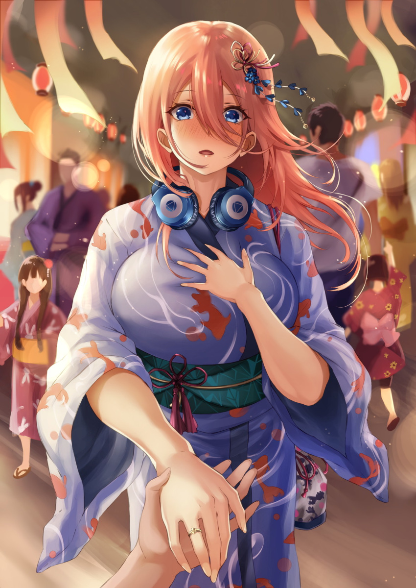 1girl blue_eyes blush breasts brown_hair embarrassed go-toubun_no_hanayome hair_between_eyes hair_ornament hands_on_own_chest headphones headphones_around_neck higano_(ktnc7452) highres holding_hands japanese_clothes jewelry kimono large_breasts long_hair looking_at_viewer nakano_miku obi open_mouth out_of_frame ring sash standing summer_festival wide_sleeves yukata