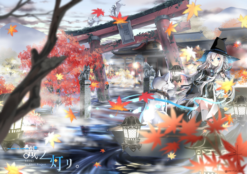 1girl absurdres architecture autumn_leaves bangs black_coat black_headwear black_kimono black_skirt blue_flower boat braid coat copyright_name crossed_bangs detached_collar dice_hair_ornament east_asian_architecture falling_leaves flower fog fox gem hair_cubes hair_ornament hat hat_flower highres huge_filesize japanese_clothes jewelry kimono leaf long_hair long_sleeves mito_w necklace off-shoulder_coat overgrown pleated_skirt ribbon-trimmed_headwear ribbon-trimmed_sleeves ribbon_trim river rope ruins shiki_no_akari shimenawa shrine silver_hair sitting skirt socks solo statue talisman tomoshibi_no_majo torii tree very_long_hair watercraft white_legwear wide_sleeves witch witch_hat yellow_flower