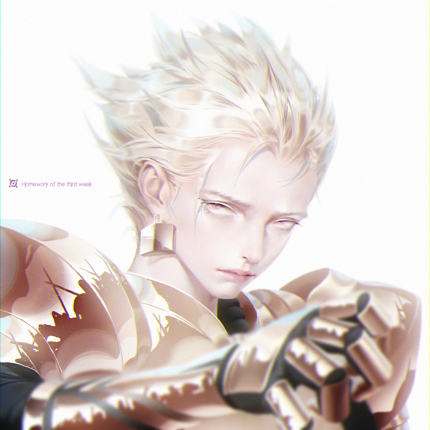 1boy armor artist_request closed_mouth commentary_request earrings english_text fate/grand_order fate_(series) gilgamesh highres jewelry looking_at_viewer red_eyes short_hair solo tagme upper_body white_background white_hair