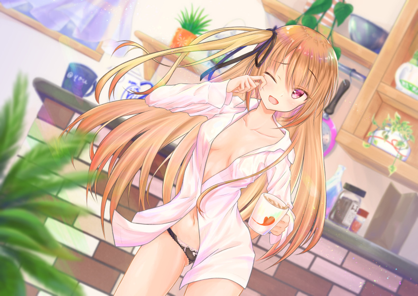 1girl absurdres ass_visible_through_thighs bangs black_panties black_ribbon blurry blurry_background breasts brown_hair coffee_mug collarbone commentary_request cup eyebrows_visible_through_hair hair_ribbon highres holding holding_cup indoors long_hair long_sleeves looking_at_viewer medium_breasts mug navel no_bra one open_mouth original pan panties pink_eyes plant rgrey00 ribbon shirt smile solo underwear white_shirt