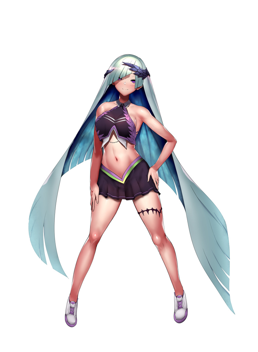 1girl absurdres bangs bare_shoulders blush breasts brynhildr_(fate) c-low cheer_for_master cheerleader closed_mouth crop_top diagonal_bangs fate/grand_order fate/prototype fate/prototype:_fragments_of_blue_and_silver fate_(series) full_body hand_on_hip highres large_breasts legs long_hair looking_at_viewer miniskirt navel purple_skirt shoes silver_hair simple_background skirt smile sneakers very_long_hair violet_eyes white_background white_footwear winged_hair_ornament
