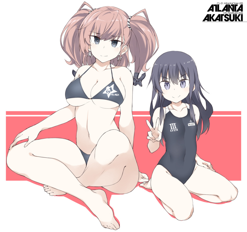 2girls akatsuki_(kantai_collection) anchor anchor_hair_ornament atlanta_(kantai_collection) bikini black_bikini black_swimsuit breasts brown_hair character_name clothes_writing collarbone competition_swimsuit earrings eyebrows_visible_through_hair grey_eyes hair_between_eyes hair_ornament jewelry kantai_collection large_breasts long_hair multiple_girls navel one-piece_swimsuit purple_hair smile souji star star_earrings swimsuit two_side_up v v-shaped_eyebrows violet_eyes