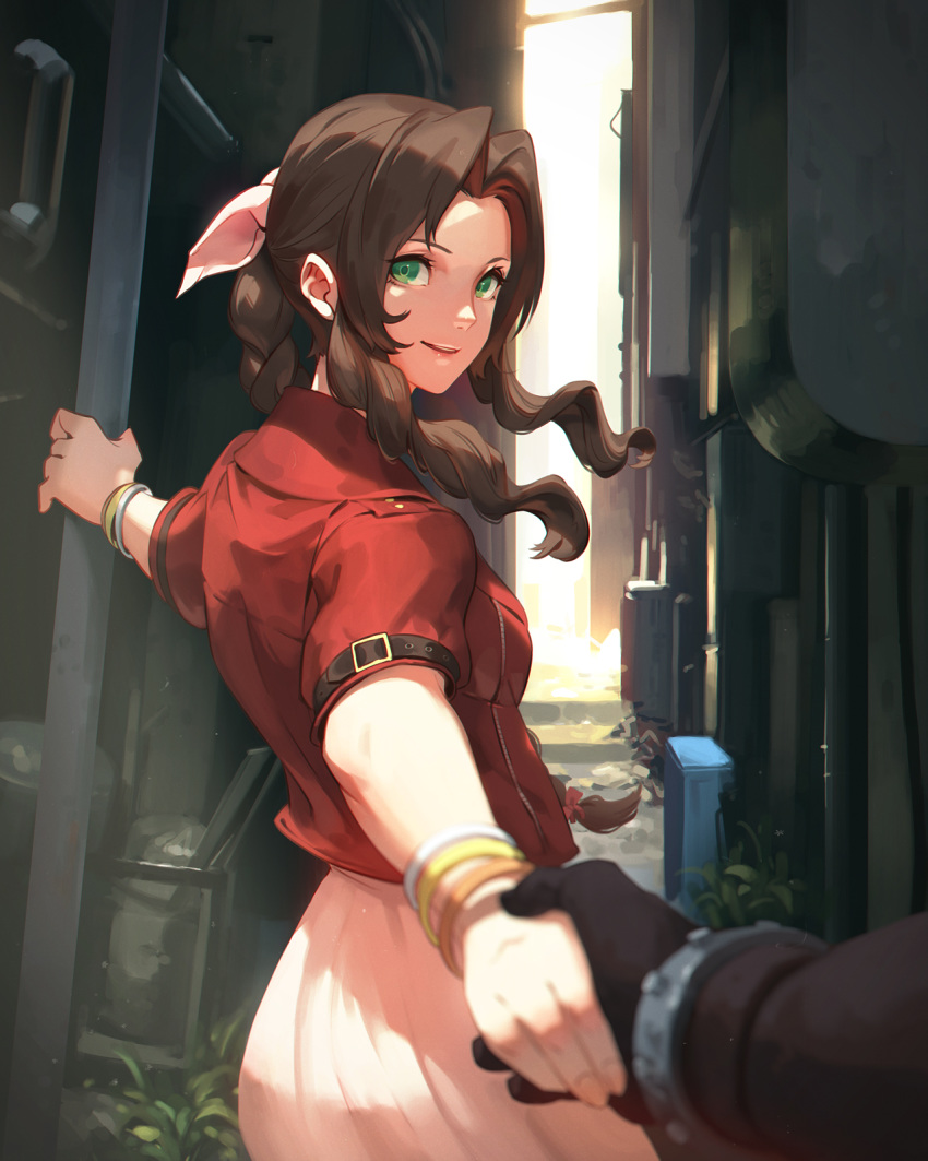 1girl aerith_gainsborough alley belt bracelet braid brown_hair cloud_strife cowboy_shot cropped_jacket final_fantasy final_fantasy_vii final_fantasy_vii_remake green_eyes highres holding jacket jewelry jiro_(ninetysix) lips long_hair looking_at_viewer out_of_frame outstretched_arm outstretched_hand parted_lips ponytail red_jacket revision single_braid smile