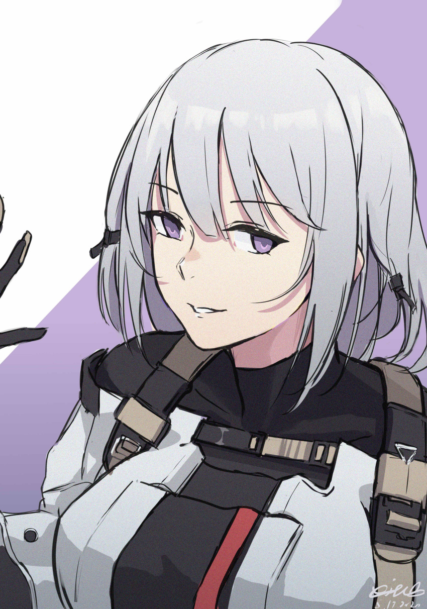 1girl absurdres backpack bag bangs breasts girls_frontline hand_up highres looking_at_viewer military military_jacket military_uniform rpk-16_(girls_frontline) short_hair silver_hair simple_background smile solo strapless uniform violet_eyes xiukukkii