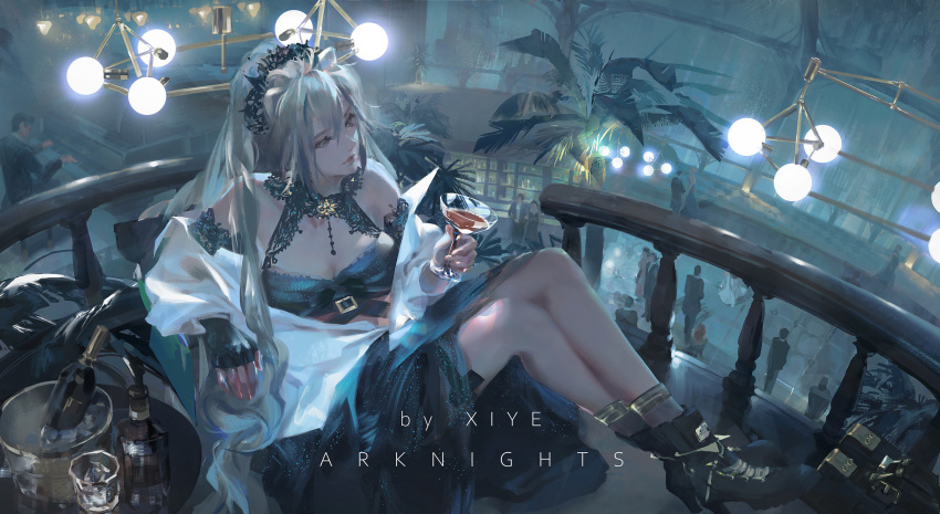1girl alcohol arknights closed_mouth clothing_request crowd cup drinking_glass hair_ornament high_heels highres ice ice_bucket instrument long_hair looking_away palm_tree piano schwarz_(arknights) sitting tagme tree white_hair wine wine_glass xiye