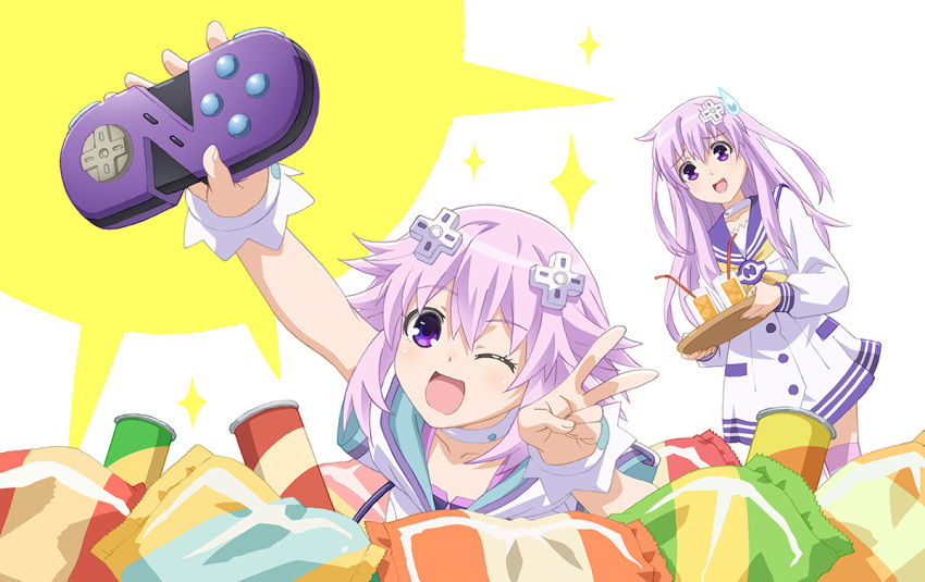 2girls artist_request bangs blush breasts choker d-pad d-pad_hair_ornament eyebrows_visible_through_hair hair_between_eyes hair_ornament happy holding_controller long_hair looking_at_viewer lying multiple_girls nepgear neptune_(neptune_series) neptune_(series) official_art on_stomach one_eye_closed open_mouth purple_hair short_hair siblings sidelocks sisters small_breasts smile v violet_eyes