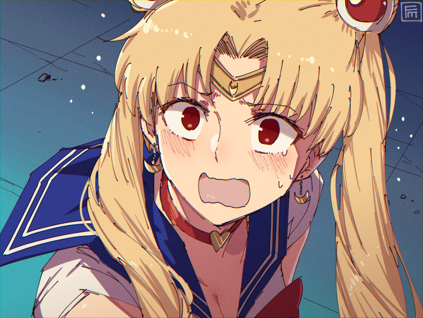 1girl bangs bishoujo_senshi_sailor_moon blonde_hair blue_sailor_collar bow bowtie choker cosplay derivative_work earrings ereshkigal_(fate/grand_order) fate/grand_order fate_(series) fumafu hair_ornament highres jewelry long_hair meme open_mouth parted_bangs red_eyes red_neckwear sailor_collar sailor_moon sailor_moon_(cosplay) sailor_moon_redraw_challenge sailor_senshi_uniform screencap_redraw solo sweatdrop two_side_up upper_body very_long_hair