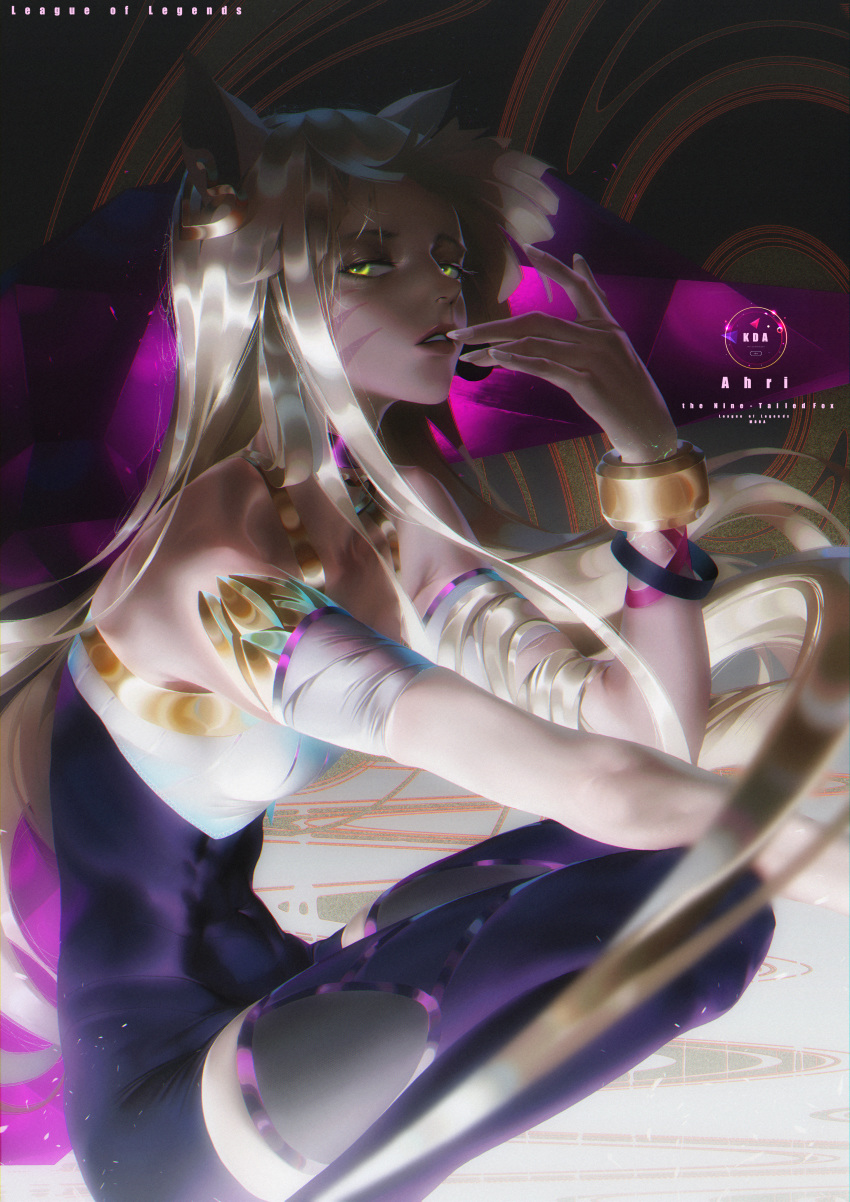 1girl absurdres ahri armband artist_request clothing_request commentary_request earrings english_text green_eyes highres huge_filesize jewelry league_of_legends long_hair looking_at_viewer open_mouth shiny shiny_hair sitting solo tagme