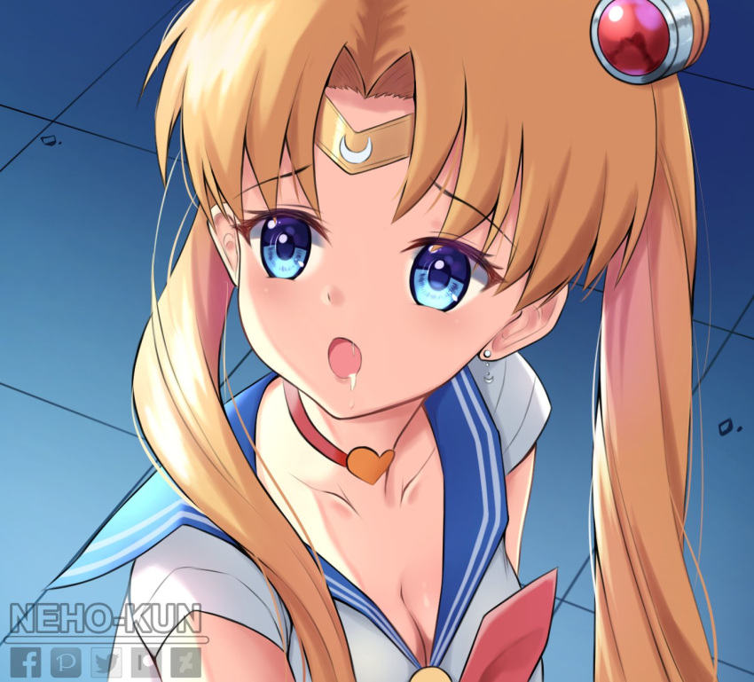 1girl artist_name bishoujo_senshi_sailor_moon blonde_hair blue_eyes blue_sailor_collar bow choker double_bun earrings gloves highres jewelry long_hair magical_girl neho-kun red_bow red_choker sailor_collar sailor_moon sailor_moon_redraw_challenge sailor_senshi sailor_senshi_uniform saliva solo tagme twintails