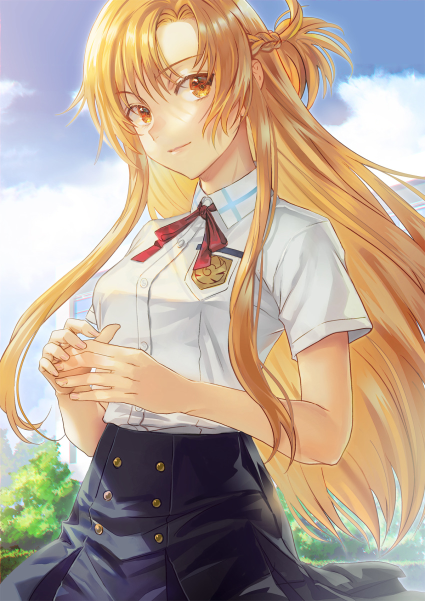 1girl asuna_(sao) bangs black_skirt blonde_hair braid brown_eyes closed_mouth collared_shirt crown_braid day dress_shirt eyebrows_visible_through_hair floating_hair hair_between_eyes highres k_harris long_hair looking_at_viewer neck_ribbon outdoors pleated_skirt red_ribbon ribbon school_uniform shiny shiny_hair shirt short_sleeves skirt smile solo sword_art_online very_long_hair white_shirt wing_collar